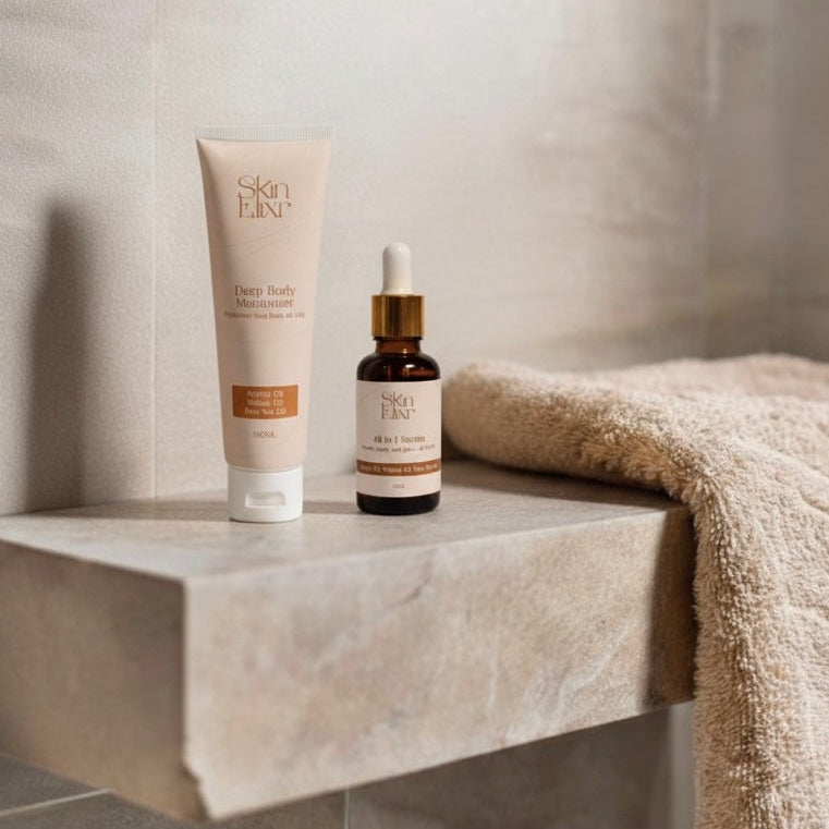 Two skincare products on a stone surface with a towel in the background