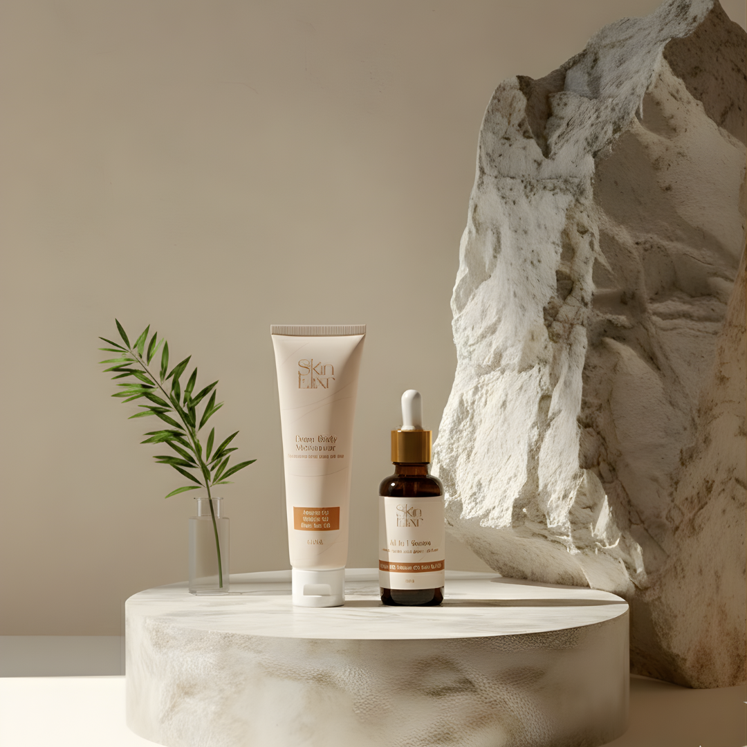 Skincare products on a marble surface with a stone and plant in the background